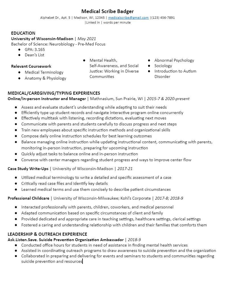 medical scribe resume